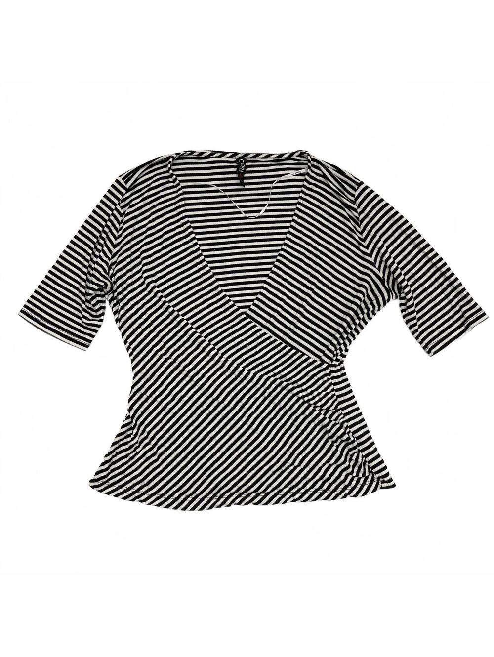 Vintage Colori Black White Striped Faux Wrap Quarter Sleeve Top Canada Made Sz L